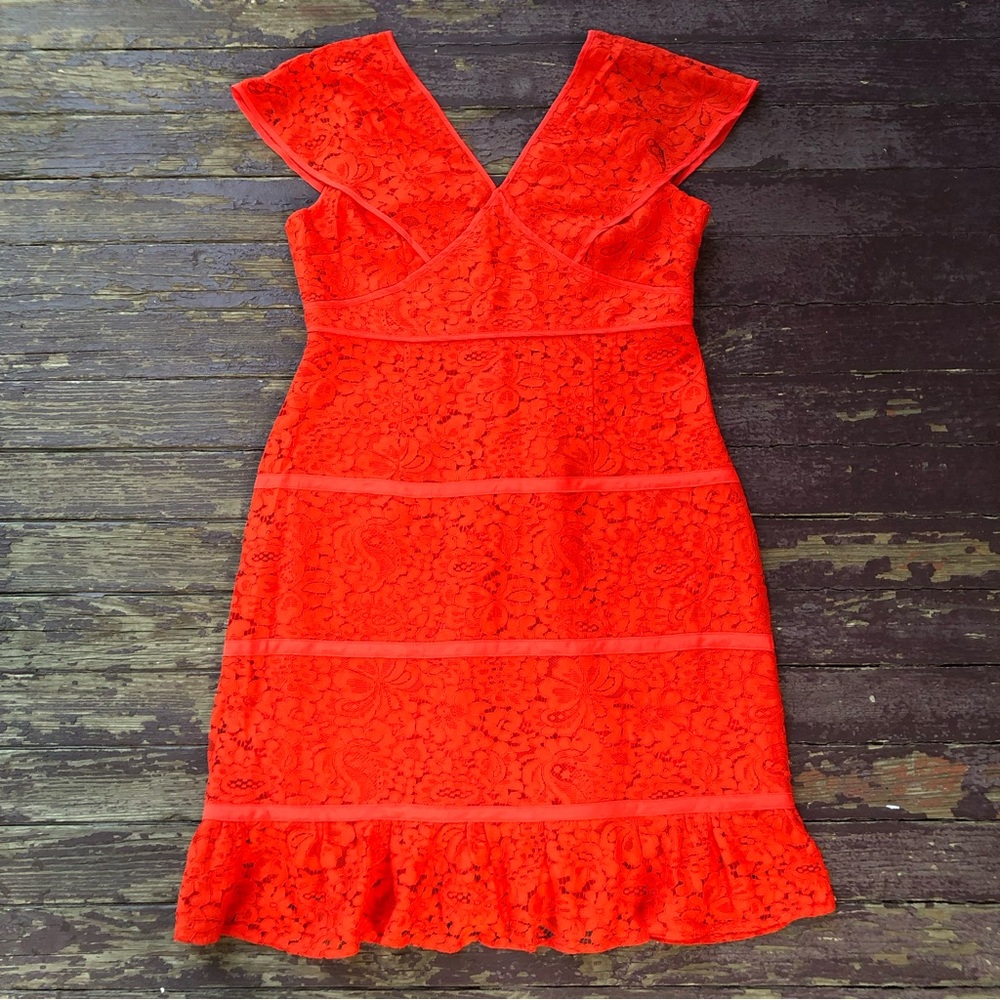 Nanette Lepore Lace Cap Flutter Sleeve Flounce Midi Dress Calypso Red Tiered 14